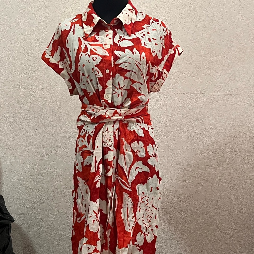 Mango Red and White Pleated Midi Dress with Dress Shirt Collar